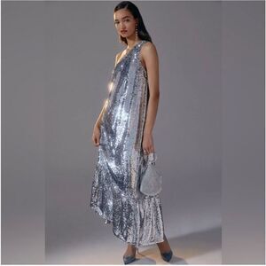 Anthropologie Midi Dress Maeve Sequin One Shoulder Silver Formal Maxi Gown Large